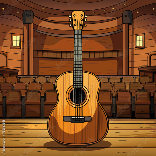 An Acoustic Guitar on a Stage in a Concert Hall