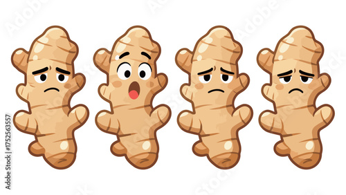 Set of four cartoon ginger root characters showing sad, surprised, and unhappy expressions