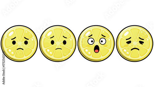 Cartoon lemon slice set with sad, shocked, and winking expressions, highlighting sourness and emotion