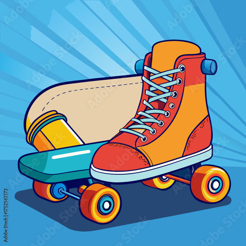 Colorful roller skates with bright laces on a blue background