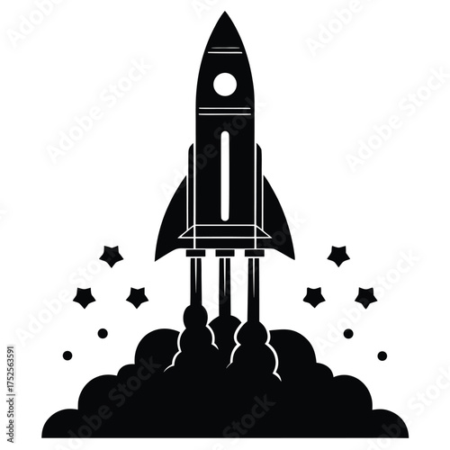Black retro rocket launching with smoke and stars vintage 1