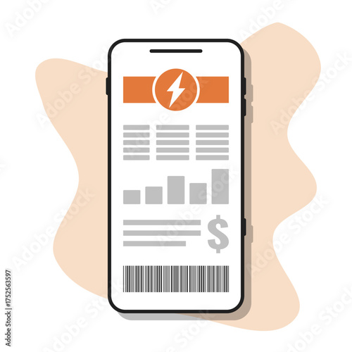 electricity electronic bill displayed on smartphone screen, mobile app online payment vector illustration