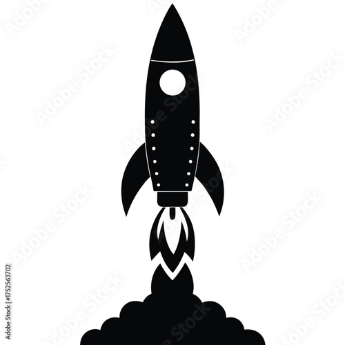 Black retro rocket silhouette launching with smoke