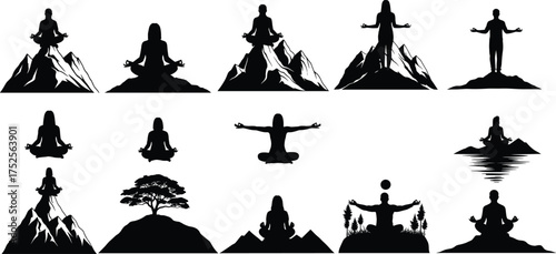 Meditation silhouettes, yoga poses, nature background, peaceful illustration, mindfulness art, tranquil scenery, spiritual wellness, serene figures, outdoor calm, harmony