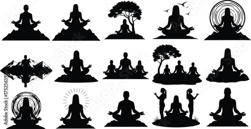Meditation silhouettes, yoga poses, mindfulness illustration, peaceful nature, spiritual practice, wellness design, tranquil figures, mental health, calm environment, serenity