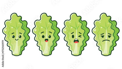 Set of four cartoon lettuce leaf characters with happy, surprised, winking, and sad expressions