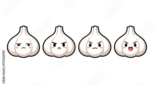 Set of four cartoon garlic clove characters showing grumpy, angry, and happy expressions