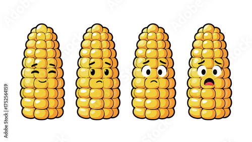 Cartoon corn on the cob set with winking, sad, surprised, and shocked expressions
