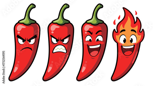 Set of four cartoon red chili peppers with angry, fierce, happy, and burning/flaming expressions