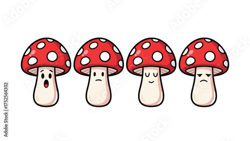 Cartoon Amanita mushroom set with surprised, sad, relaxed, and moody expressions