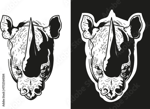 silhouette of the head of a powerful strong wrinkled rhinoceros on a white and black background
