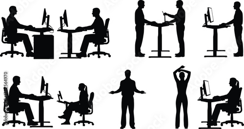 Office silhouette illustration, ergonomic posture, standing desk, seated work, team collaboration, workplace behavior, stretching break, productivity, business routine, computer use