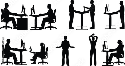 Office workstation silhouettes, standing desk posture, seated computer work, ergonomic setup, team collaboration, stretching break, modern workplace, productivity, business routine