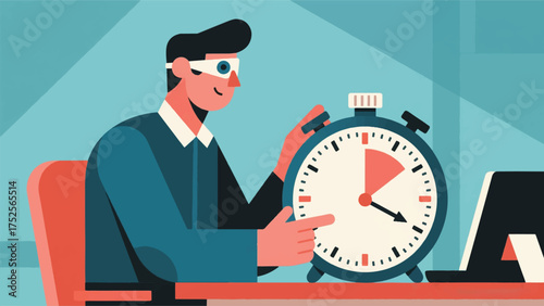 Illustration Of An Employee With A Visual Impairment Using A Large Print Clock Or Timer For Task Management Vector Design Template