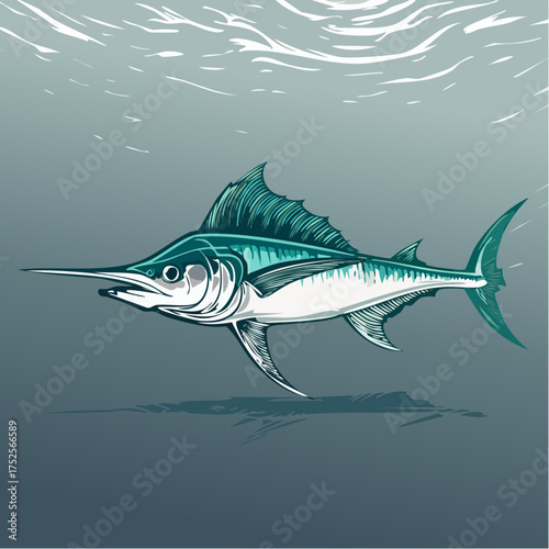 An illustration of a blue marlin swimming underwater with a gradient blue background and light reflections on the water surface on New Year's Eve.