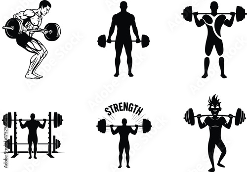 Barbell lifting vector illustration, strength training poses, fitness silhouette art, black and white gym design, bodybuilding concept, workout motivation graphics