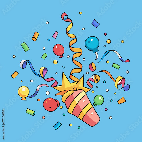 A celebratory party popper exploding with confetti and streamers