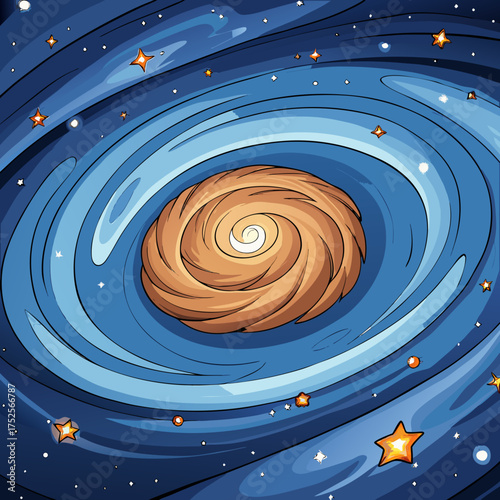 A swirling galaxy scene with scattered stars in a dark space