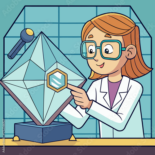 Young girl using a magnifying glass to examine a crystal