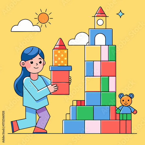 Happy girl building a colorful block tower outdoors