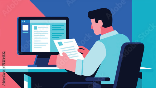 Illustration Of An Employee With Dyslexia Reviewing Documents On A Screen With Specialized Fonts And Background Colors For Readability Vector Design Template