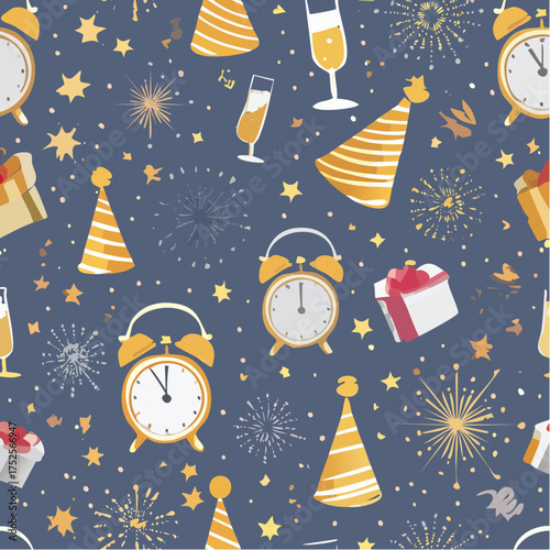 A festive pattern featuring New Year's Eve icons, including party hats, champagne glasses, fireworks, gifts, and alarm clocks, on a dark blue background with a celebratory mood and warm,