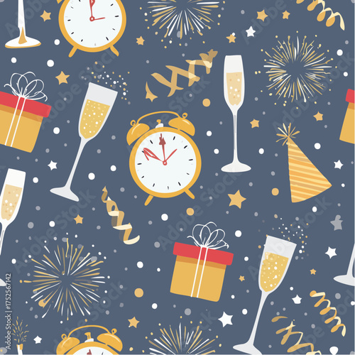 A festive New Year's Eve pattern featuring gold clocks, champagne glasses, gift boxes, fireworks, and party hats on a dark blue background with white stars and gold accents.