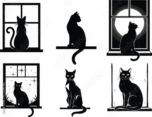 Cat silhouette vector illustration, window sitting pose, nighttime scene, peaceful feline moment, black and white graphic art, cozy indoor pet concept