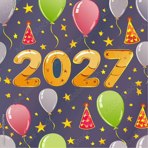 Vibrant digital illustration of colorful balloons, party hats, and stars on a purple background celebrating New Year's Eve with the year 2027 in gold.
