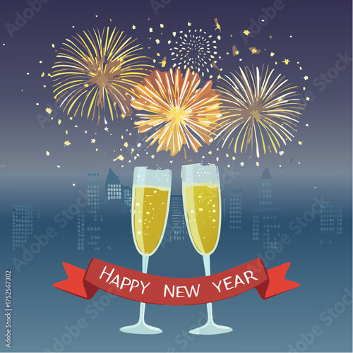 Illustration of two champagne glasses with fireworks and a 'Happy New Year' banner on New Year's Eve against a city skyline at night.