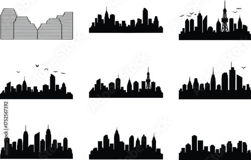 City skyline silhouettes vector set, urban landscape illustration, modern architecture design, black skyline icons, metropolitan buildings, graphic cityscape collection
