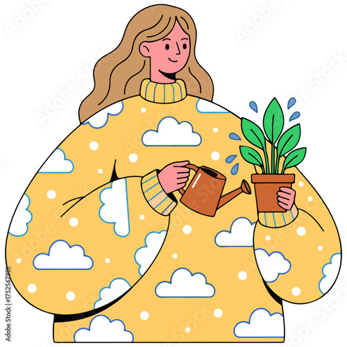 Caring woman nurturing plant with love, home gardening concept design