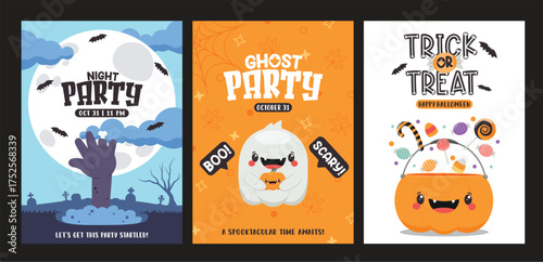 Halloween party clipart poster set. Happy Halloween night and ghost party invitation card template clip art with cute and scary hand, monster and pumpkin basket for spooky season collection poster 