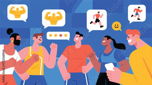illustration of APeople in a fitness group are sharing their workout progress and motivating each other.eps