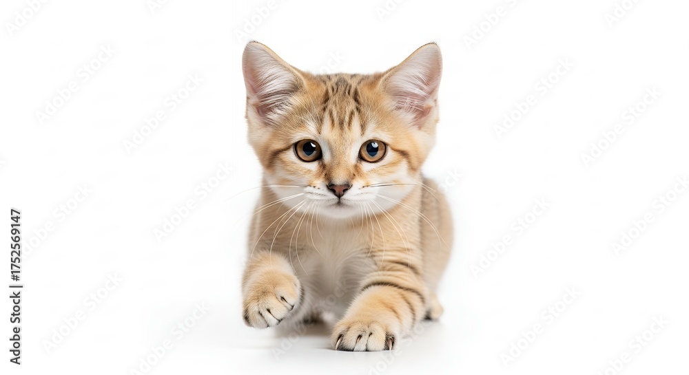 Fototapeta premium Adorable Brown Tabby Kitten Playfully Pouncing Towards the Camera on a White Background - Cute Pet Portrait for Commercial Use