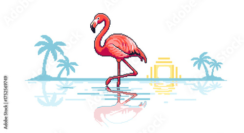 A pixel art illustration of a pink flamingo standing in water with its reflection, set against a tropical background with palm trees and a glowing temple at sunset.