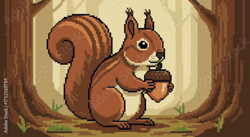 A pixel art illustration of a cute brown squirrel holding an acorn in a forest setting.