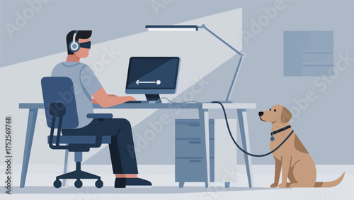 Illustration Of Blind Software Developer Using A Screen Reader At A Clean, Headphones And A Guide Dog Rests Calmly Beside The Chair Vector Design Template