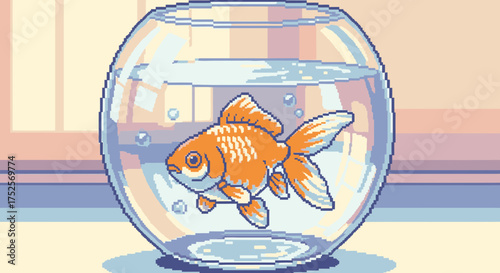 Pixel art illustration of a single orange goldfish swimming inside a round glass fishbowl.