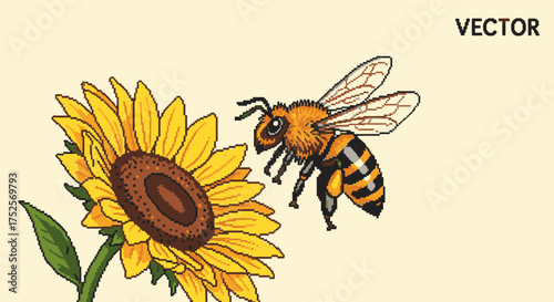Detailed vector illustration of a honeybee flying towards a vibrant yellow sunflower.
