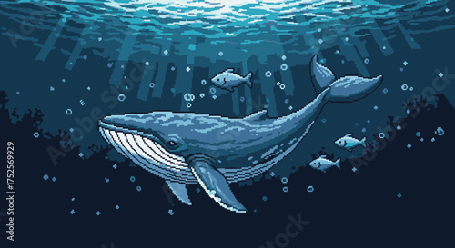 Pixel art illustration of a majestic blue whale swimming gracefully in the deep blue ocean surrounded by small fish.