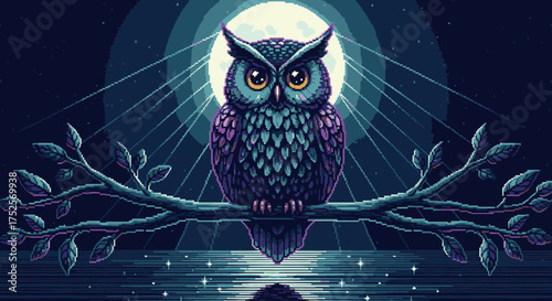 A majestic pixel art owl perches on a branch under the radiant glow of a full moon over water.