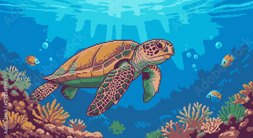 A pixel art illustration of a majestic sea turtle swimming gracefully over a vibrant coral reef.