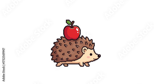 A cute pixel art hedgehog carrying a shiny red apple on its spiky back, isolated on a white background.