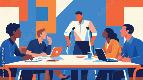 Illustration Of Diverse Group Of Employees, Including One Using Crutches, Collaborating Around A Large Vector Design Template