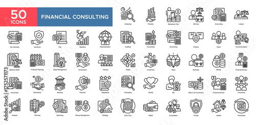 Financial Consulting collection set. Analysing, Accounting, Statistics, InvestmentBusiness, Financial Planning , Money, Accounting, icon. Simple outline vector illustration