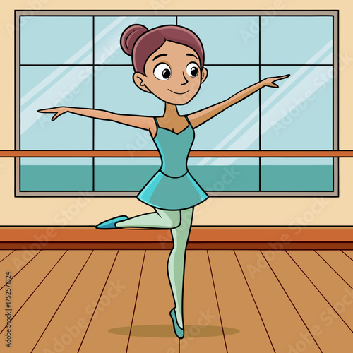 Cartoon girl in a ballet pose inside a dance studio