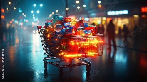 Shopping Cart Overflowing with Gifts on a Rainy Night.