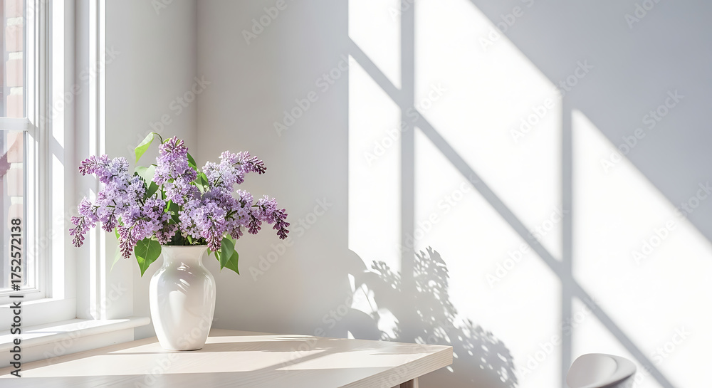 Fototapeta premium Fresh Lilacs in Vase on Table with Sunlight Shadows