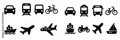 Various transportation icons representing different travel options and their symbols displayed in a simple layout